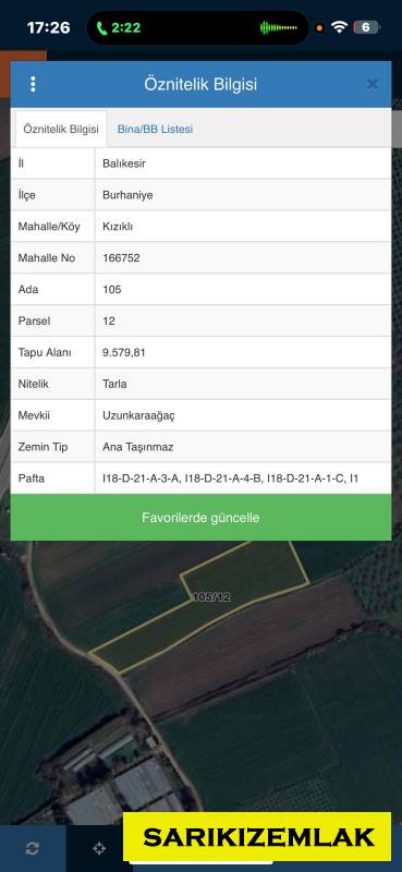 Burhaniye Kızıklı M.Satılık Tarla 9600 M2 Araç İle Girilebilir
